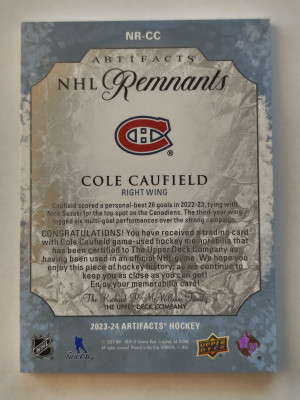 23-24 Artifacts Cole Caufield NR-CC NHL Remnants Patch Montreal Canadians back